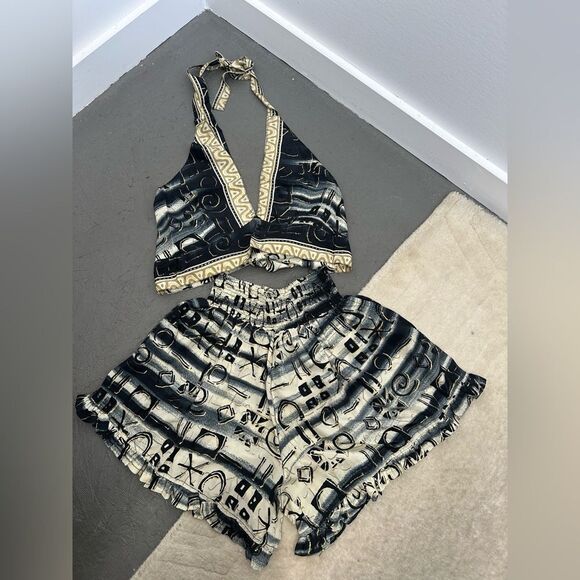 Black Silk Two Piece Halter Top & Short Set Handmade Indian Tribal Print Size S - Picture 8 of 16